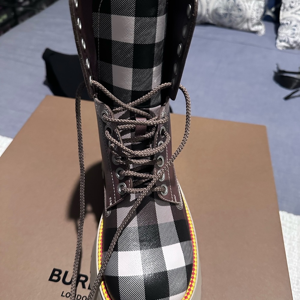 Burberry Mason Check Coated Canvas Platform Combat Boot - Picture 6 of 7